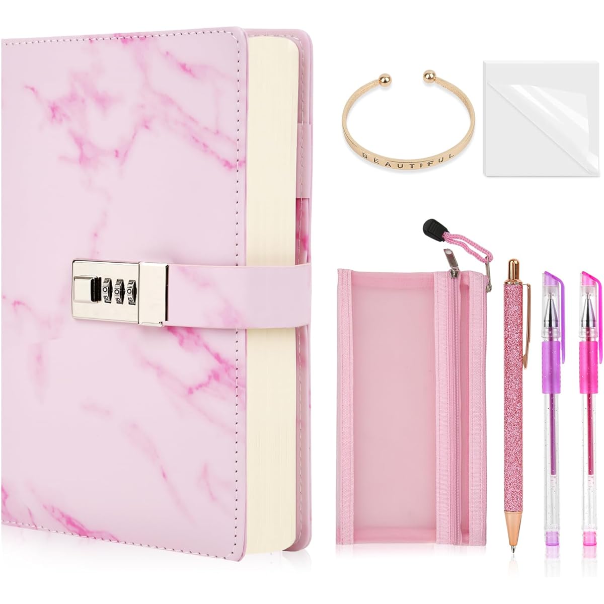 Diary Gift Set with Lock for Girls 8-12 Years Old Marble PU Leather 300 Pages Children's Diary Book Drawing Notebook for Writing with Lock Combination Lock Double Layer Pencil Pouch Bracelet Diamond Pen