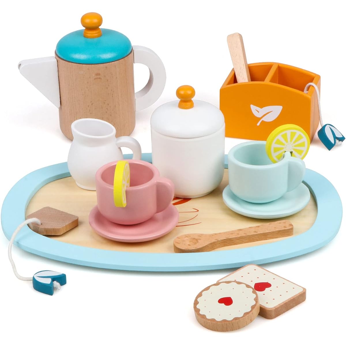 Steventoys Wooden Tea Set for Little Girls, Wooden Tea Time Toys, Toddler Tea Set, Kids Kitchen Pretend Play Tea Party Set for Girls and Boys