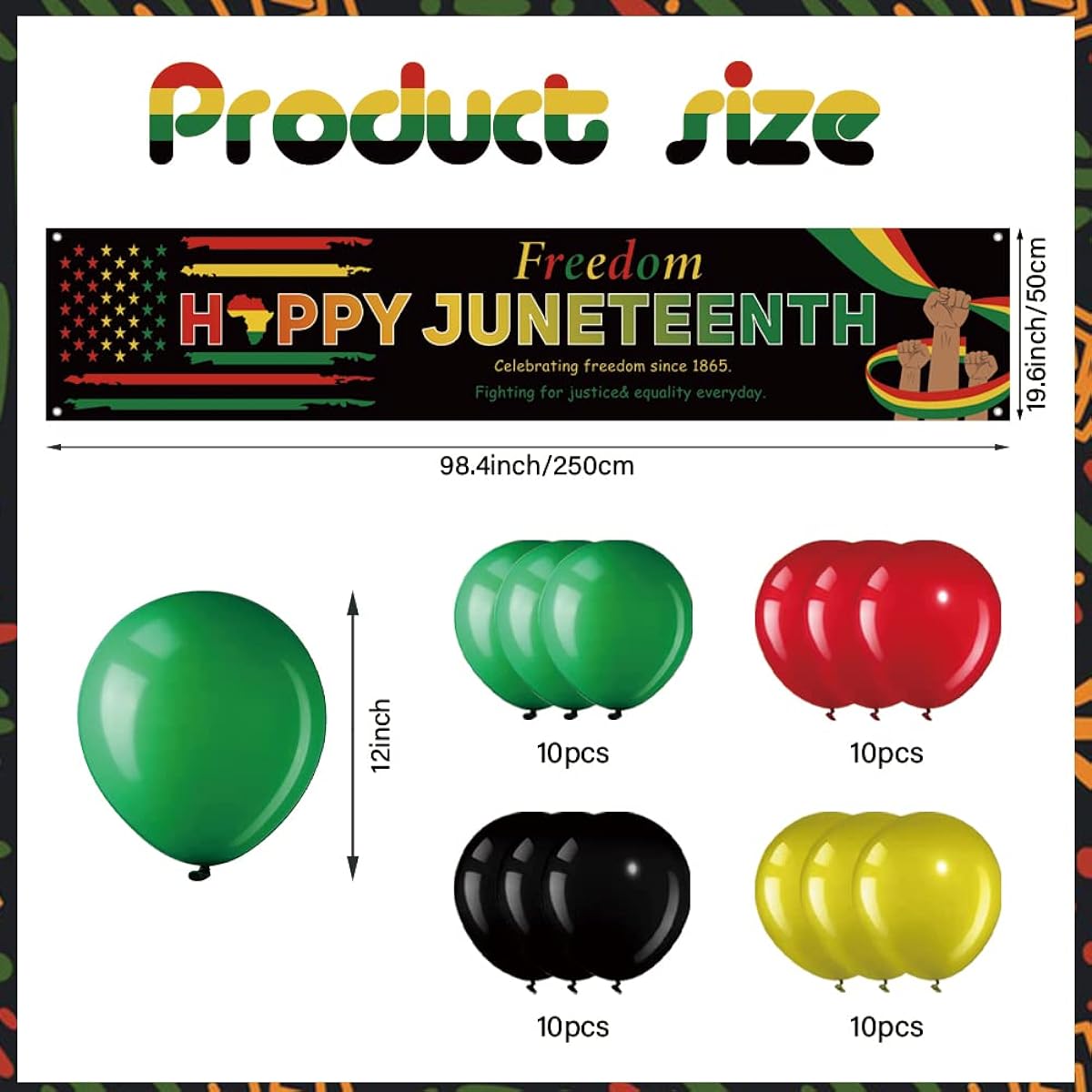 CAMIRUS 42 Pieces Happy Juneteenth Decor, Large June Banner with 40 Latex Balloons and Ribbons, June Yard Signs, African Afro American Porch Decor, Outdoor Party Supplies