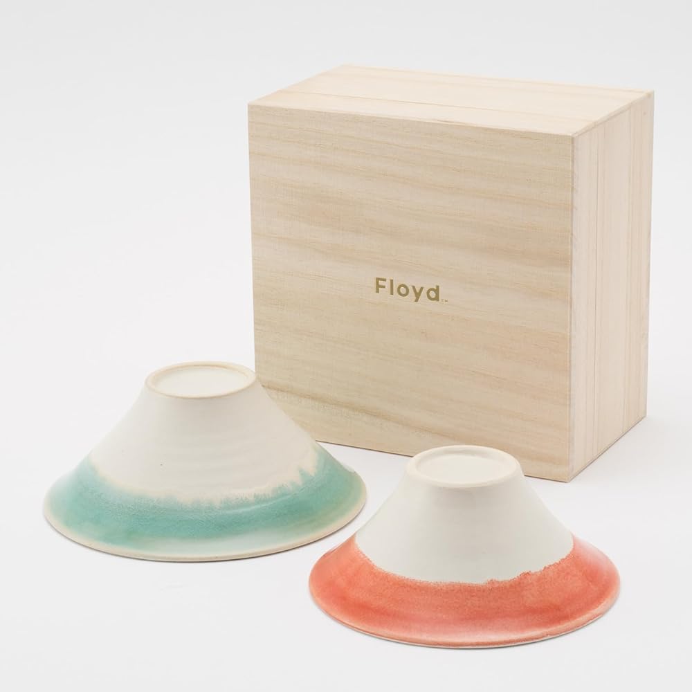 Floyd Mt. Fuji Tea Bowl Microwave Safe Pair Couple Gift Set of 2 in Paulownia Box Fuji Bowl Couple Blue & Red Made in Japan FL06-00307