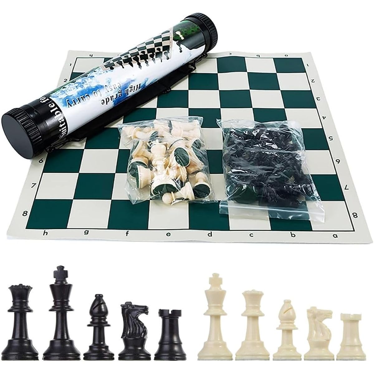 GETORIUM Tournament Chess Set: Portable Professional Set with Plastic Staunton Chess Pieces in Portable Plastic Tube Roll for Travel, Foldable Vinyl Chess Board (Green, 13X13 Inch)