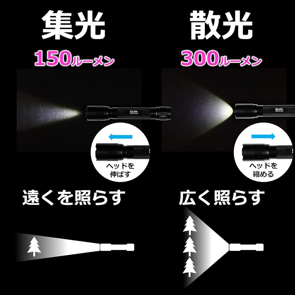 ELPA Waterproof LED Aluminum Light 300lm (Black/Battery Operated) with Hand Strap/Flashlight (DOP-EP330)