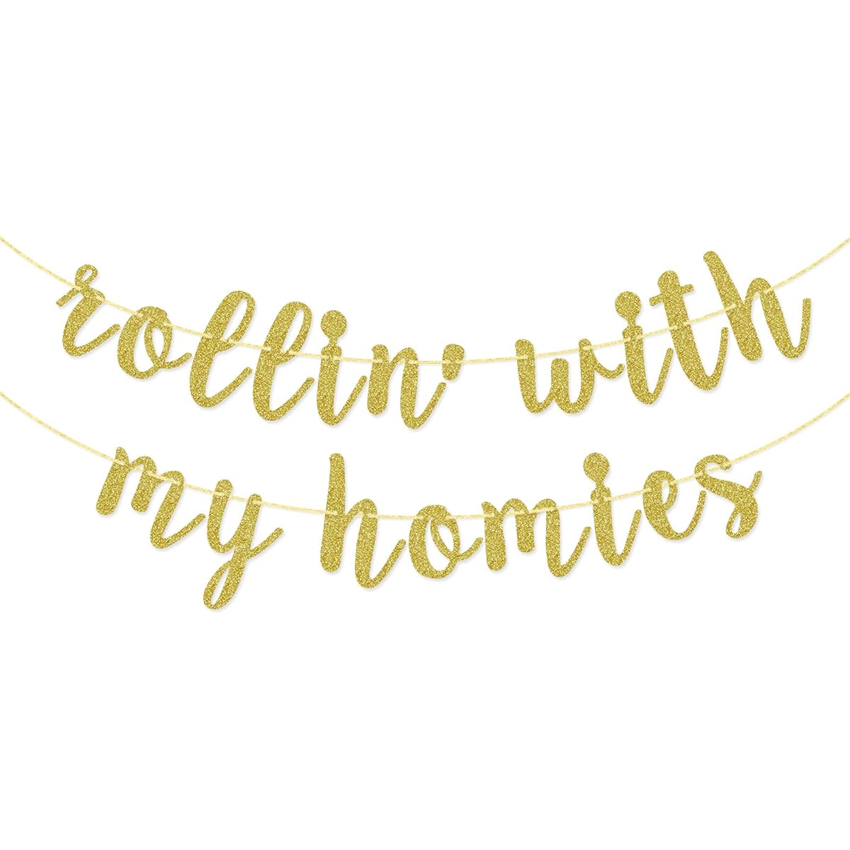 Rollin' With My Homies Banner Hip Hop Party Decorations Supplies Retro 80's 90's Theme Birthday Curtain Pre-Strung Gold Glitter