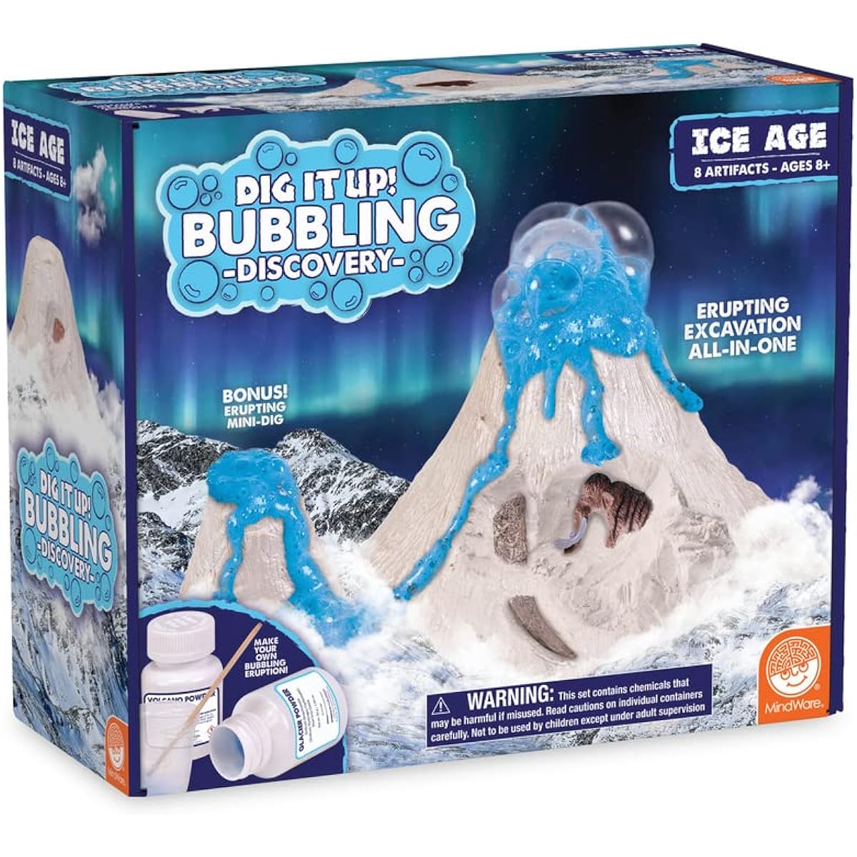 MindWare Dig It Up! Bubbling Ice Age Discovery: Glacial Volcano Fossil Excavation Kit – Erupt a Volcano and Unearth 7 Artifacts – Educational Activity for Kids and Teens – Ages 8+