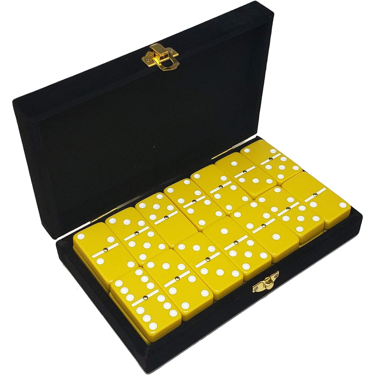 Marion Domino Double 6 Yellow and White Spot Jumbo Tournament Professional Size with Spinner in an Elegant Black Velvet Box