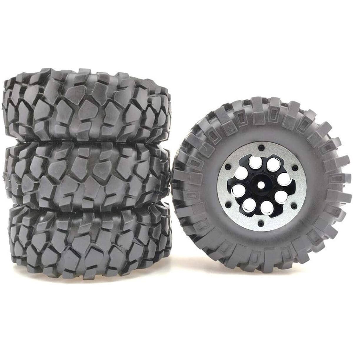 LAFEINA 96mm 1.9" RC Crawler Tires and Beadlock Wheels Set for 1/10 RC Crawler Axles SCX10 Tamiya CC01 D90 (Silver)