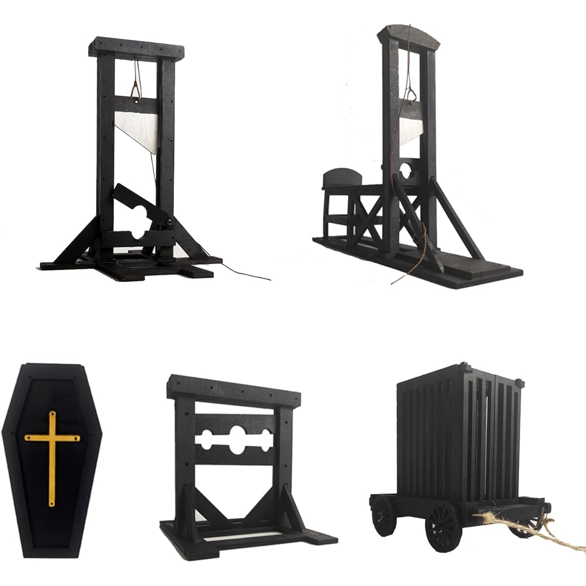 5pcs 1:18 Handmade Ancient Wooden Model Medieval Mini French Guillotine Pillory Prison Cage Coffin Creative Props Decoration Scene Halloween Decoration