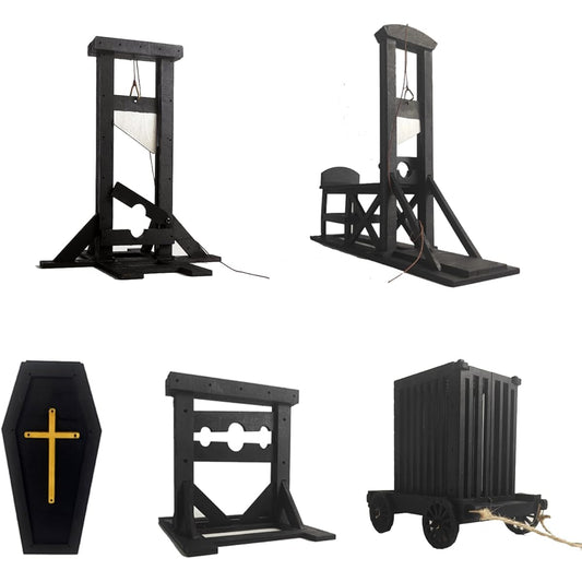 5pcs 1:18 Handmade Ancient Wooden Model Medieval Mini French Guillotine Pillory Prison Cage Coffin Creative Props Decoration Scene Halloween Decoration
