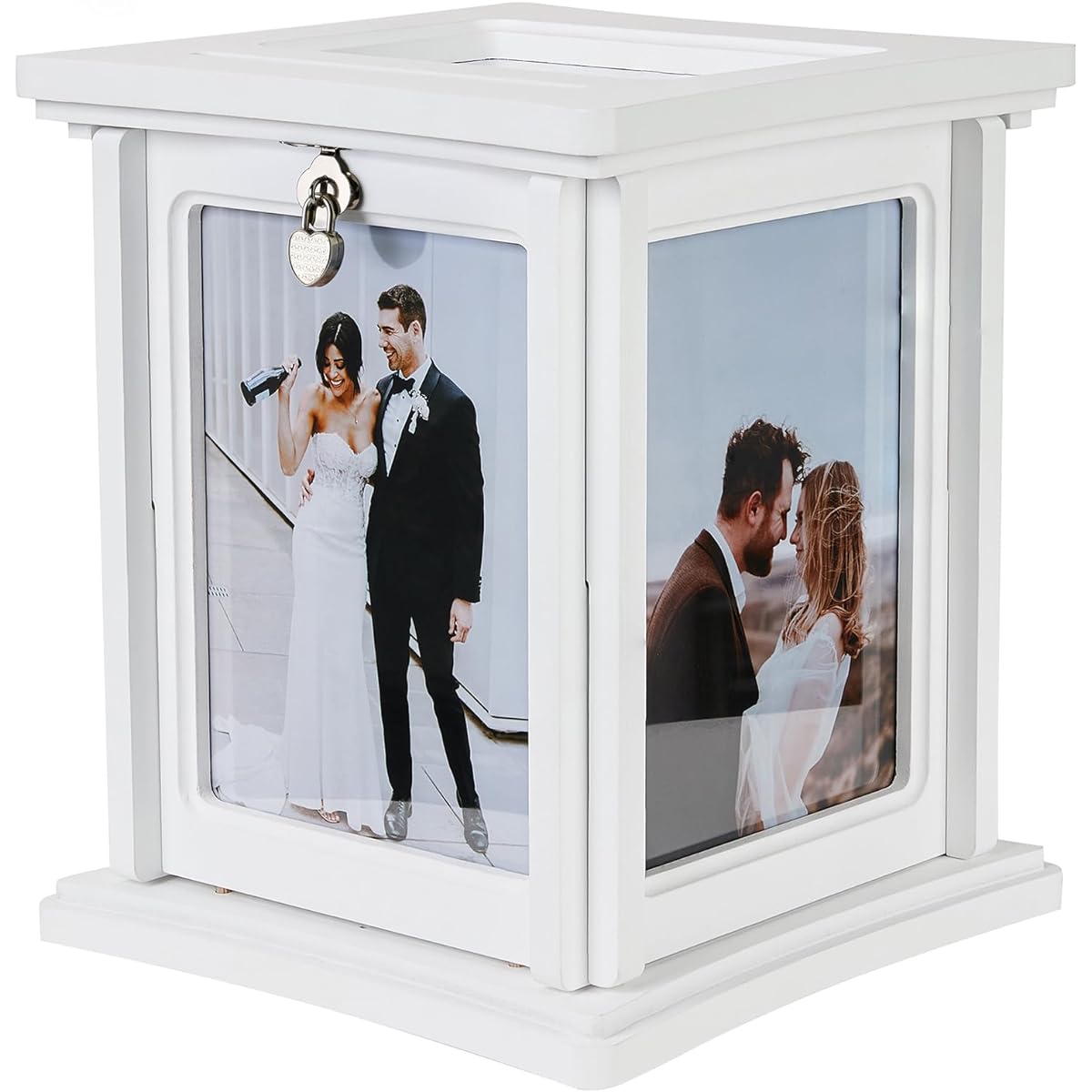 AW BRIDAL Wedding Card Box, Rotating Photo Frame Gift Card Box with Slots and LED String Lights, Wooden Bridal Decoration Money Box Envelope Card Case for Wedding Engagement Christmas Baby Shower Birthday (White)