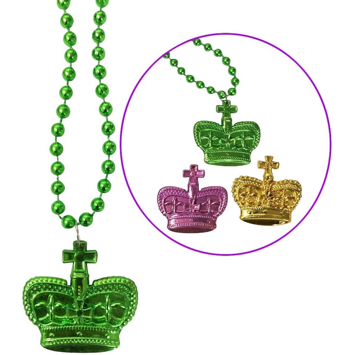 Mardi Gras Beads Necklace Crown Pendant Metallic Crown Mardi Gras Beads New Orleans Beads for Mardi Gras Party, Plastic