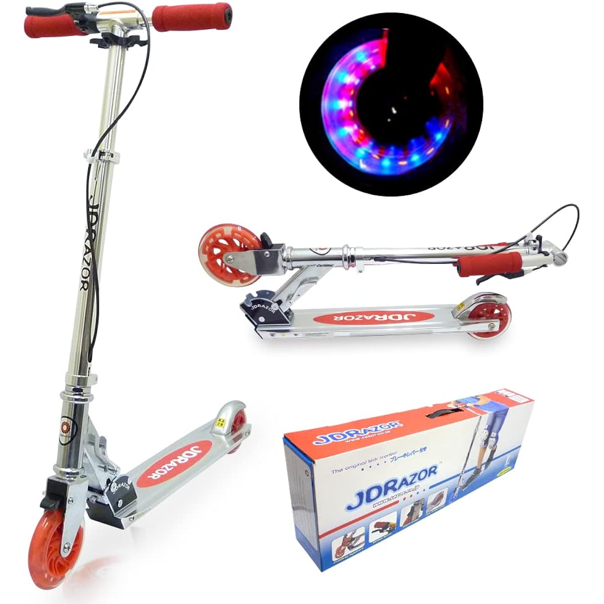 JD RAZOR Kickboard Kick Scooter Kick Skater for Children Elementary School Students with Hand Brake LED Light-up Tires Foldable Compact Lightweight 2 Wheels Kickboard for Children MS-105RB