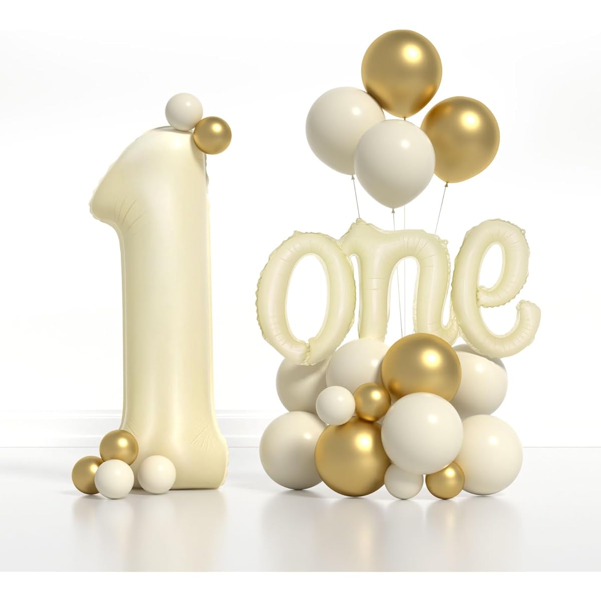 Boy or Girl 1st Birthday Decorations Kit - 40" Cream Number 1 and 18" Foil Balloon Set, White Sand, Metallic Gold Balloons, Different Sizes 5 12" Kids First Birthday Party
