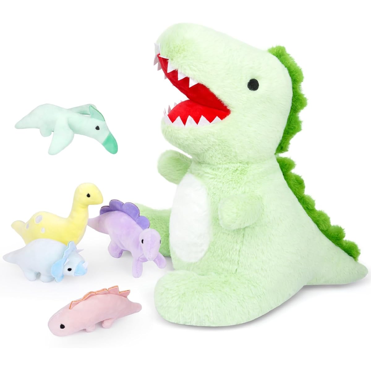 GEWUJATOP Dinosaur Plush Toy, Mommy and Dinosaur Plush Toy Baby, 16.5" T-rex Dinosaur Mummy Stuffed Animal with 5 Baby Dinosaurs for Kids, Babies, Birthday, Christmas