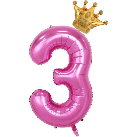40" Pink Number 3 Crown Balloon Set, 3rd Birthday Balloons for Women Girls Wedding Anniversary Celebration Decorative Balloons (3)