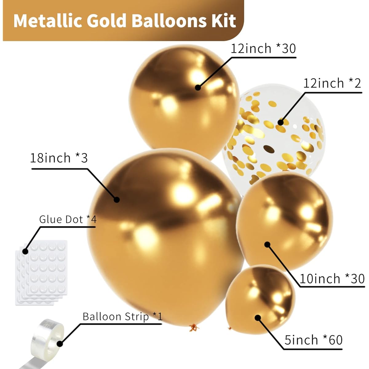 Gold Metallic Balloon Garland Kit 130 Pieces Chrome Balloons Different Sizes 18/12/10/5 Inch Confetti Balloons for Birthday Graduation Christmas Wedding Gold Party Decorations
