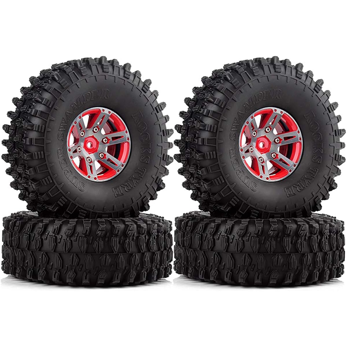 INJORA 1.9" Tire Set 4pcs Beadlock Wheel Rims and Rubber Tires for 1/10 RC Crawler Axial SCX10 90046 (Red)