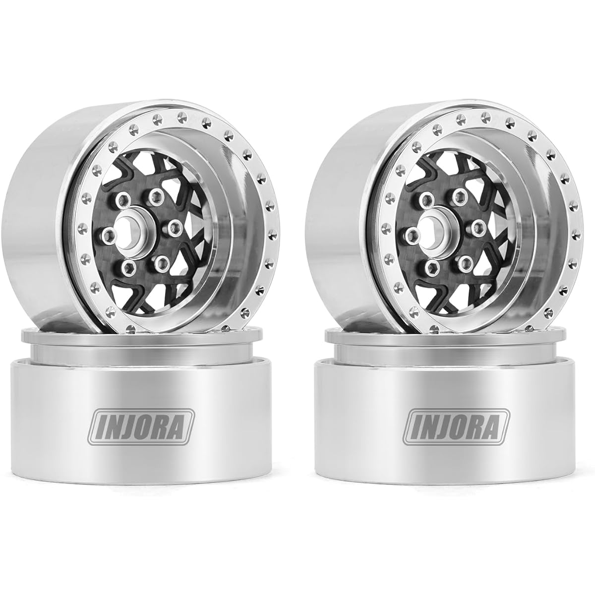 INJORA 1.9 Beadlock Wheel Offset - 10mm Carbon Fiber Aluminum Rim for SCX10 TRX4 VS4-10 Gen8 1/10 RC Crawler Upgrade (Plated Silver)