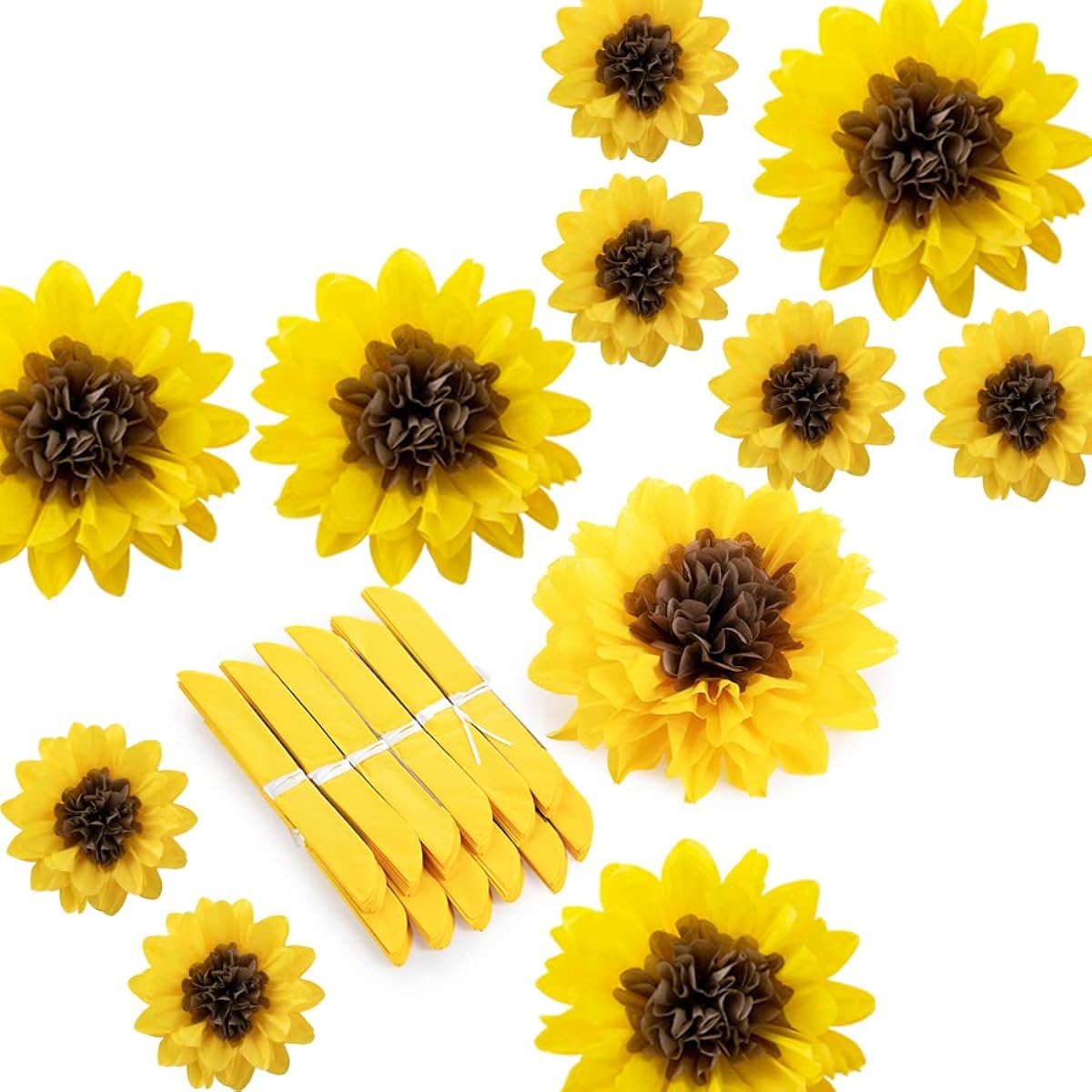 Sunflower Pom Poms Tissue Paper Flowers Baby Shower Birthday Wedding Mother's Day Party Decorations 12 Pieces