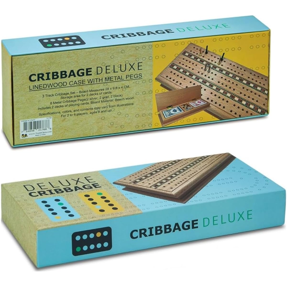 Tradeopia 3 Track Deluxe Wooden Cribbage Board with Metal Pegs and 2 Decks of Playing Cards Portable Cribbage Set Compact Cribbage Set Cribbage Board Game Set 3 Track Cribbage Board