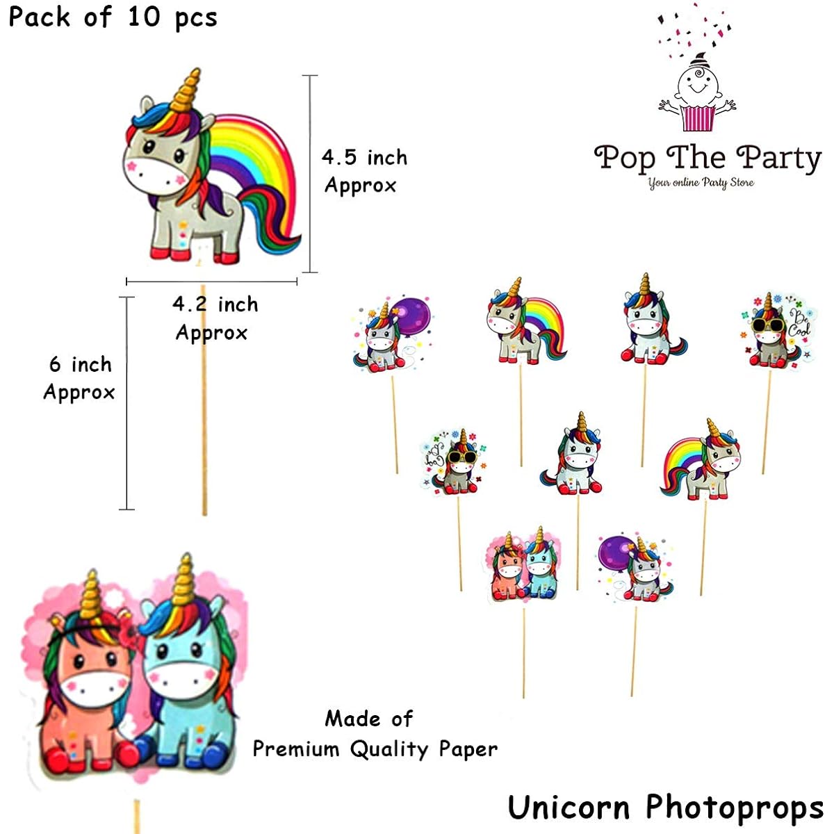 Pop The Party Theme Birthday Photo Booth Props and Unicorn Themed Photo Booth for Girls (Pack of 10)