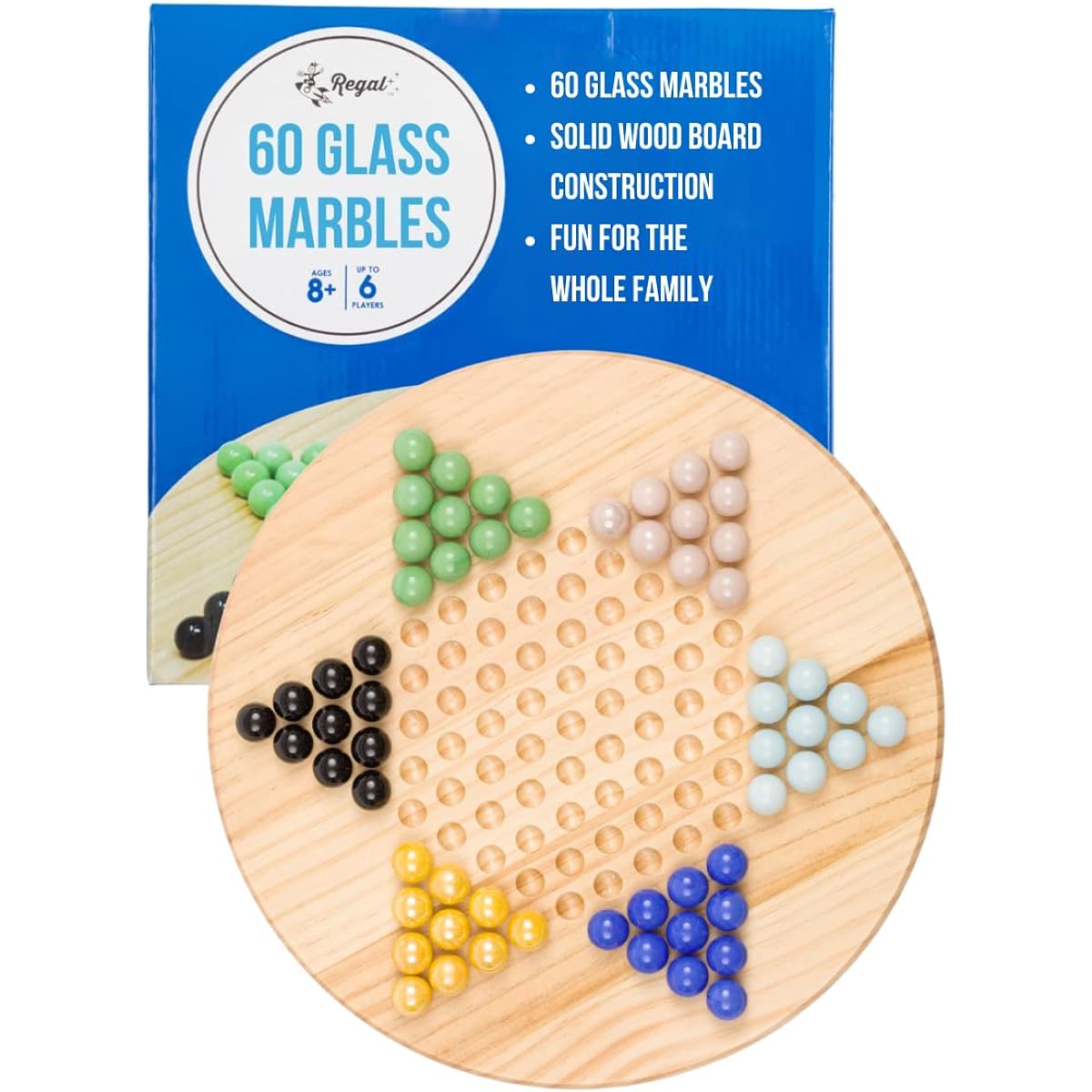 Regal Games - Chinese Checkers - 11.5" Natural Wood Game Board with 60 Assorted Glass Marbles, Fun, Family Friendly Board Game - Perfect for up to 6 Players, Ages 8+
