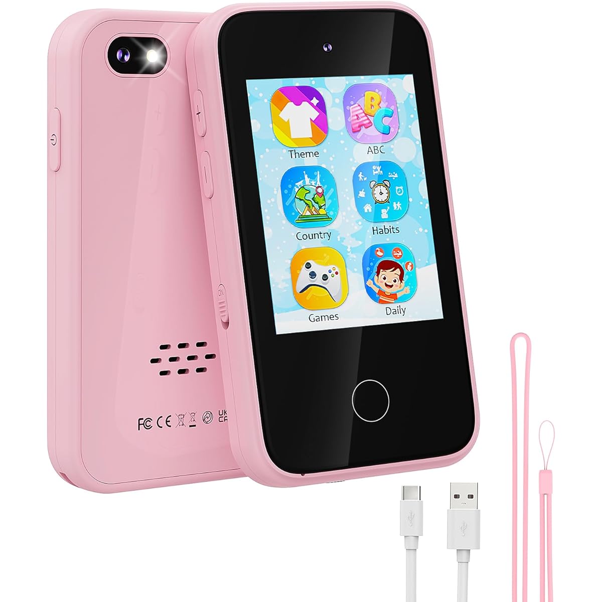 dancingcow kids smartphone, pink toddler mobile phone with dual camera