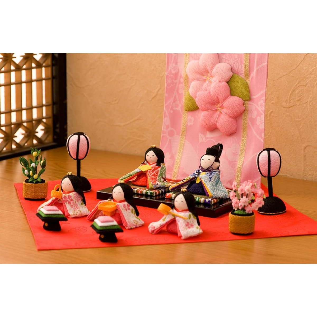 Chirimen Hina Doll, Hina Doll, Flower Screen, Five Hina Dolls, Width 49cm x Depth 49cm x Height 17.5cm [Approx.]