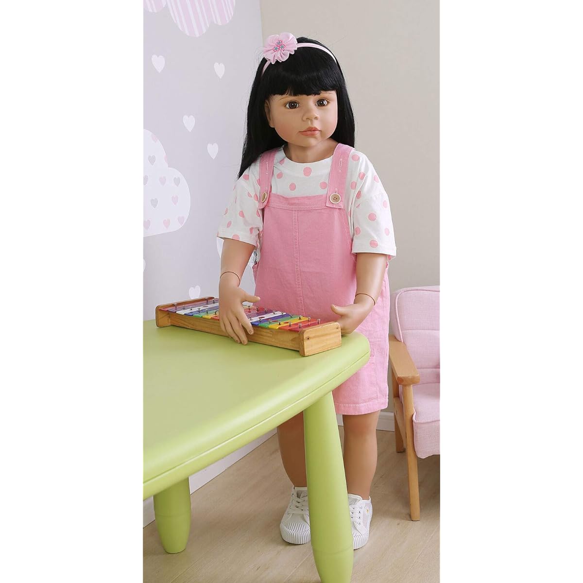 iCradle Angelbaby Lifelike 39" 98cm Reborn Toddler Baby Doll Full Body Vinyl Standing Girl Long Hair Dress Model Ball Jointed Doll for Collection (Red/White)