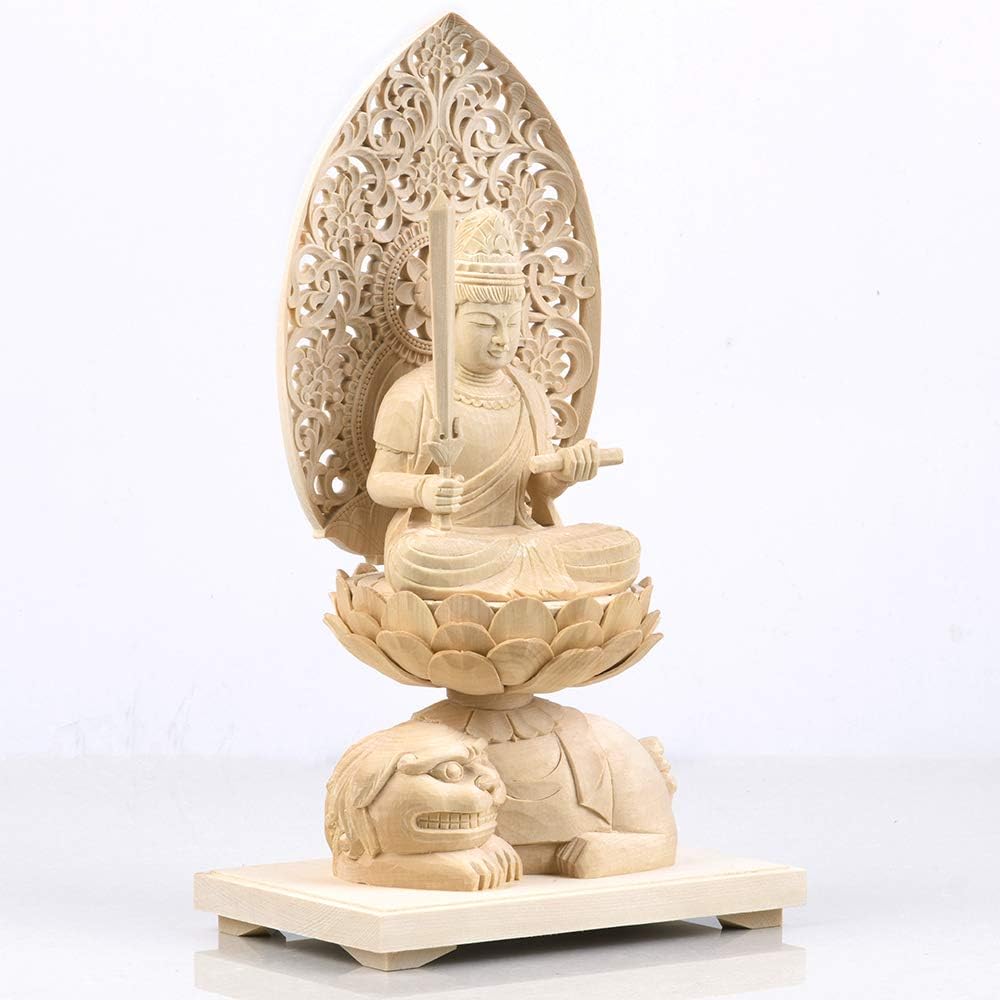 Hanro Art Sculpture Buddha Statue Manjusri Bodhisattva Made of Cypress Wooden Bird and Beast Zodiac Arabesque Halo Born in the Year of the Rabbit Protection from Evil Zodiac Guardian Principal Image Guardian Buddha (Height 24.5cm x Width 14cm x Depth 9.2