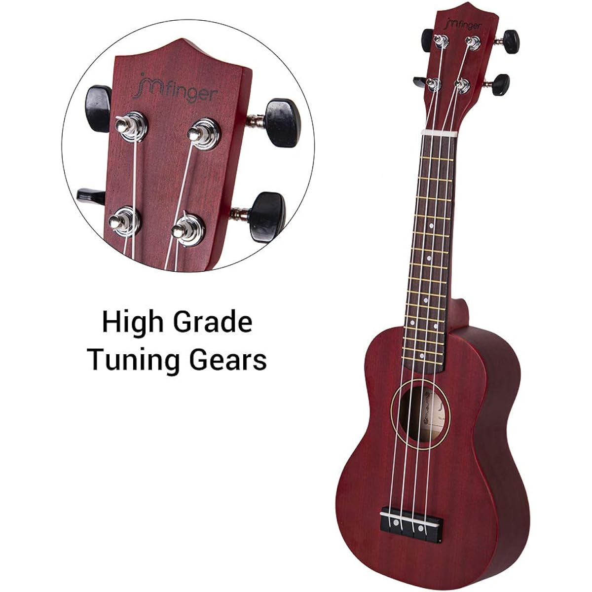 JMFinger Soprano Ukulele Beginner 21 Inch Sapele Plywood Kids Ukulele Kit with Gig Bag Strap Digital Tuner Wine Red