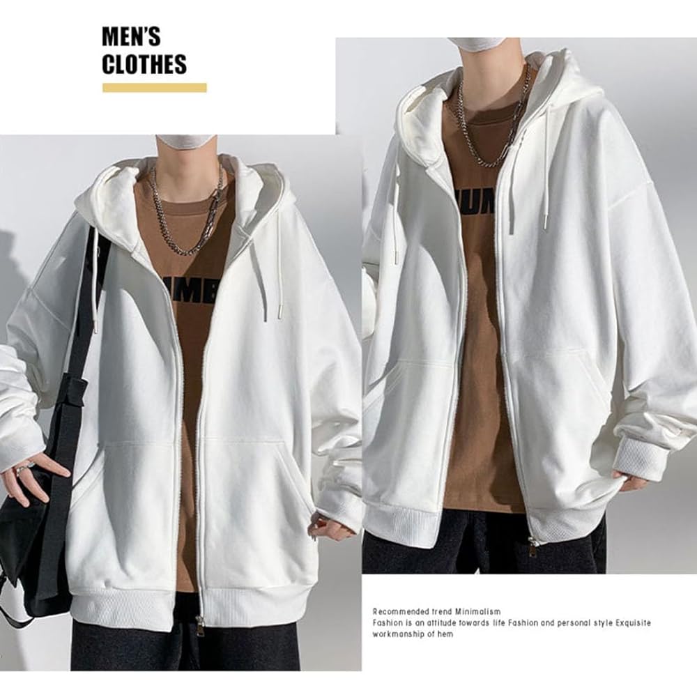 [OKJCON] Men's Parka, Zip-up, Spring, Loose, Long Sleeve, Plain, Hooded, Stylish, Large Size