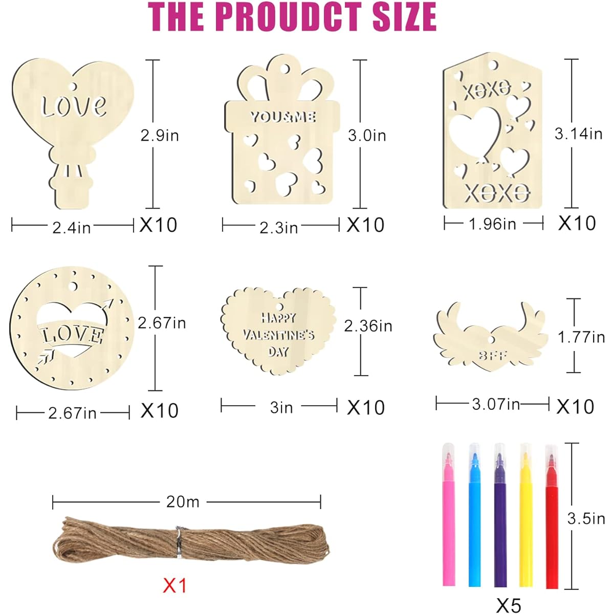 CCINEE 60pcs Valentine's Day Wooden Slices Set Assorted Wooden Cutouts with 5 Markers and Natural Twine Unfinished Heart Ornaments Kids Party Supplies School Gift Exchange