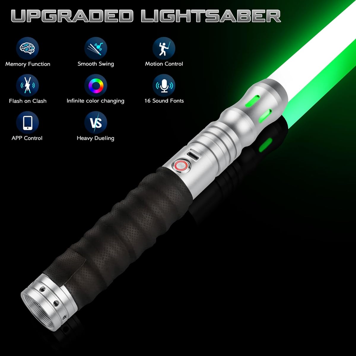 Smooth Swing Dueling Lightsaber with App - Infinite RGB 16 Color Changeable Lightsaber, Motion Control Metal Hilt Lightsaber, Gift for Adults, Teens, 16 Sound Fonts, Battery Charging, Silver