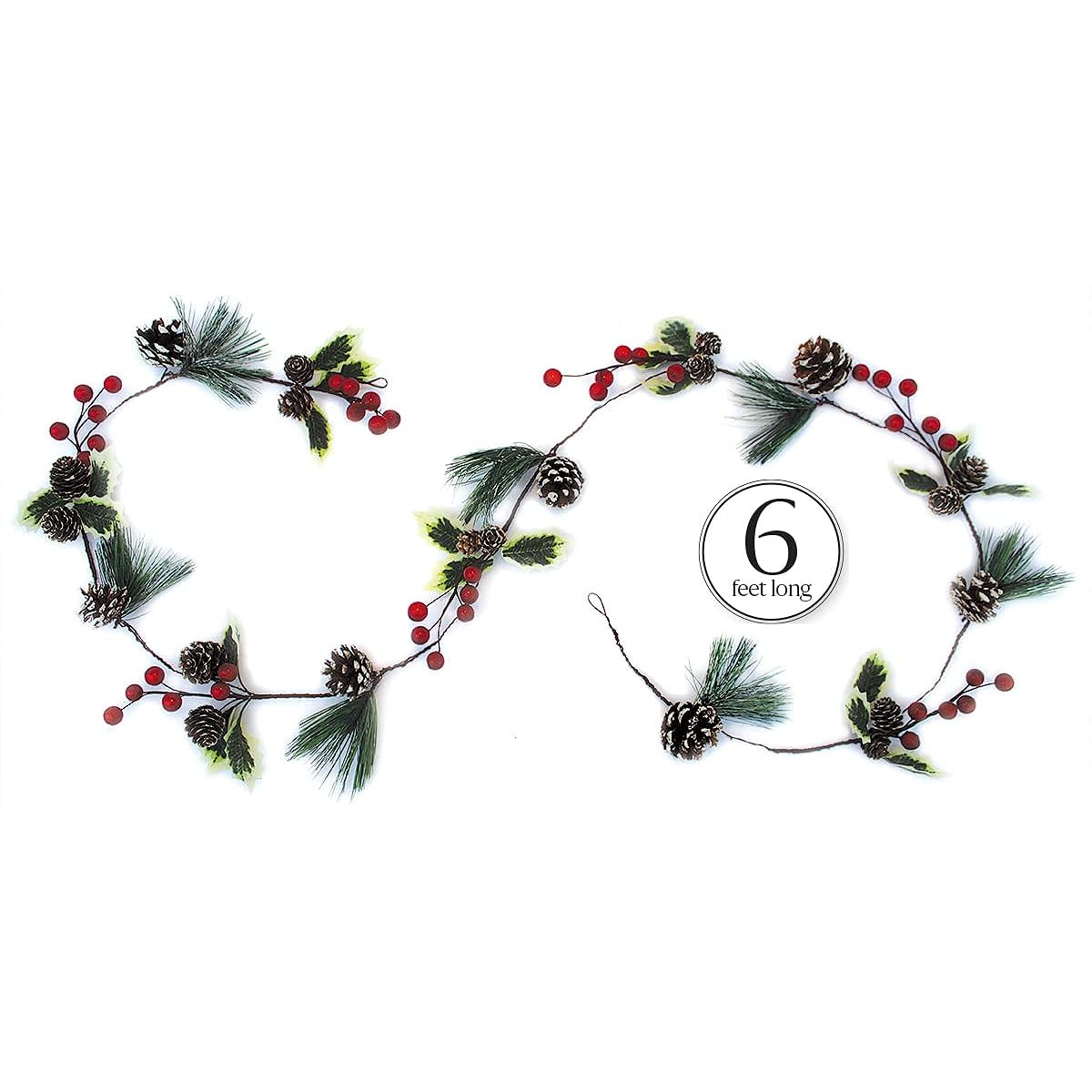 Winter Garland Christmas Decorations with Red Berries, Pine Cones, Holly, Evergreen Pine Needles - Unlit Holiday Berry Decor, Outdoor Greenery for Home, Kitchen, Bar, Fireplace, Decorative, 6 Feet Long