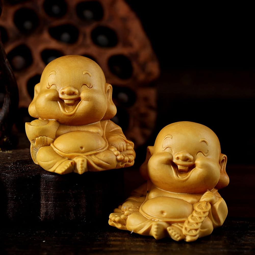 Mini Cute Hotei-like Ornament, High Quality Natural Boxwood Wood Carving [Set of 2] Buddha Statue, Wood Carving, Seven Lucky Gods Ornament, Cloth Bag, Money Luck Amulet (Height 5.2cm x Width 4.7cm x Depth 4cm)