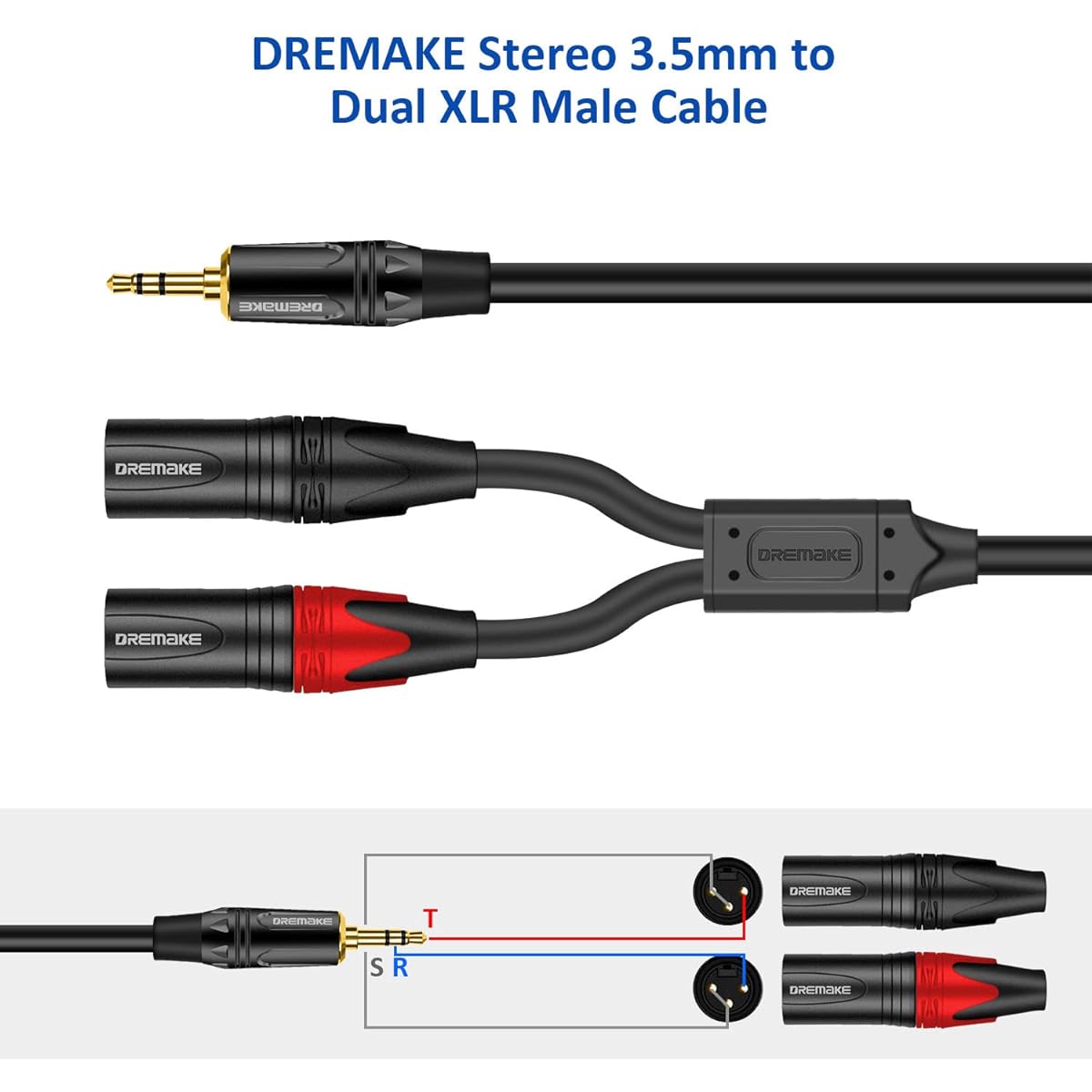DREMAKE TRS 3.5mm 1/8" Male to Dual XLR 3 Pin Male Audio Breakout Cable 3ft 3.5mm 1/8" to Dual XLR Male Adapter Interconnect Y Splitter Cable Jack 3.5mm TRS Stereo to Double XLR Male Patch Cord