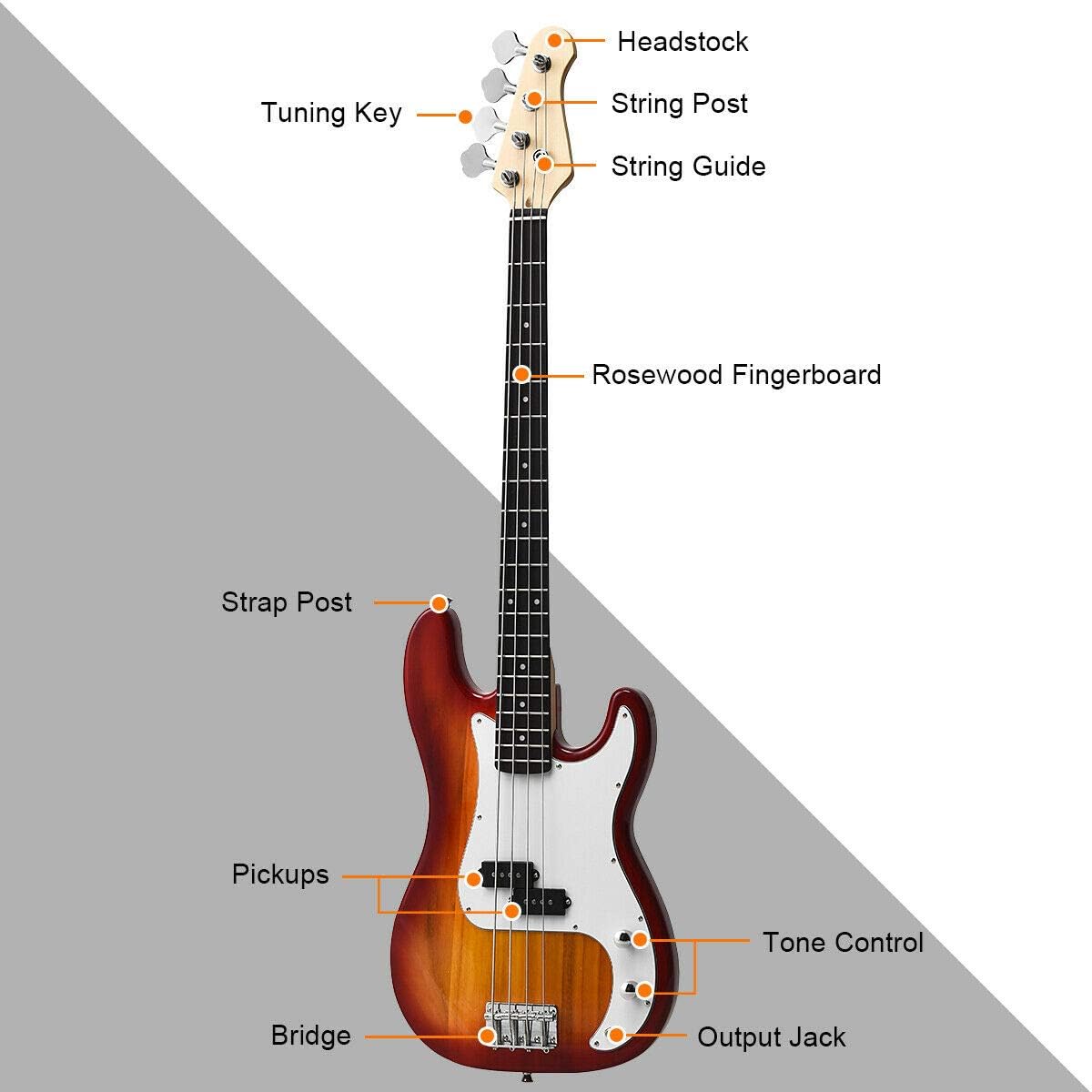 Costzon Full Size Electric 4 String Bass Guitar Beginner Complete Kit with Rose Fingerboard and Bridge, 2 Pickups, Tone Control, Guitar Bag, Strap, Guitar Picks, Amp Cord (Sunburst)