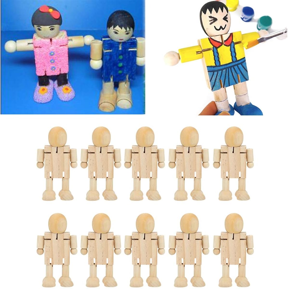 Natudeco 10pcs Unfinished Wooden Toys Wood Craft People Figures Unfinished Wooden Figure Kits Adjustable Joints Robot Paintable Kids Early Learning Doll Toys Home Decoration