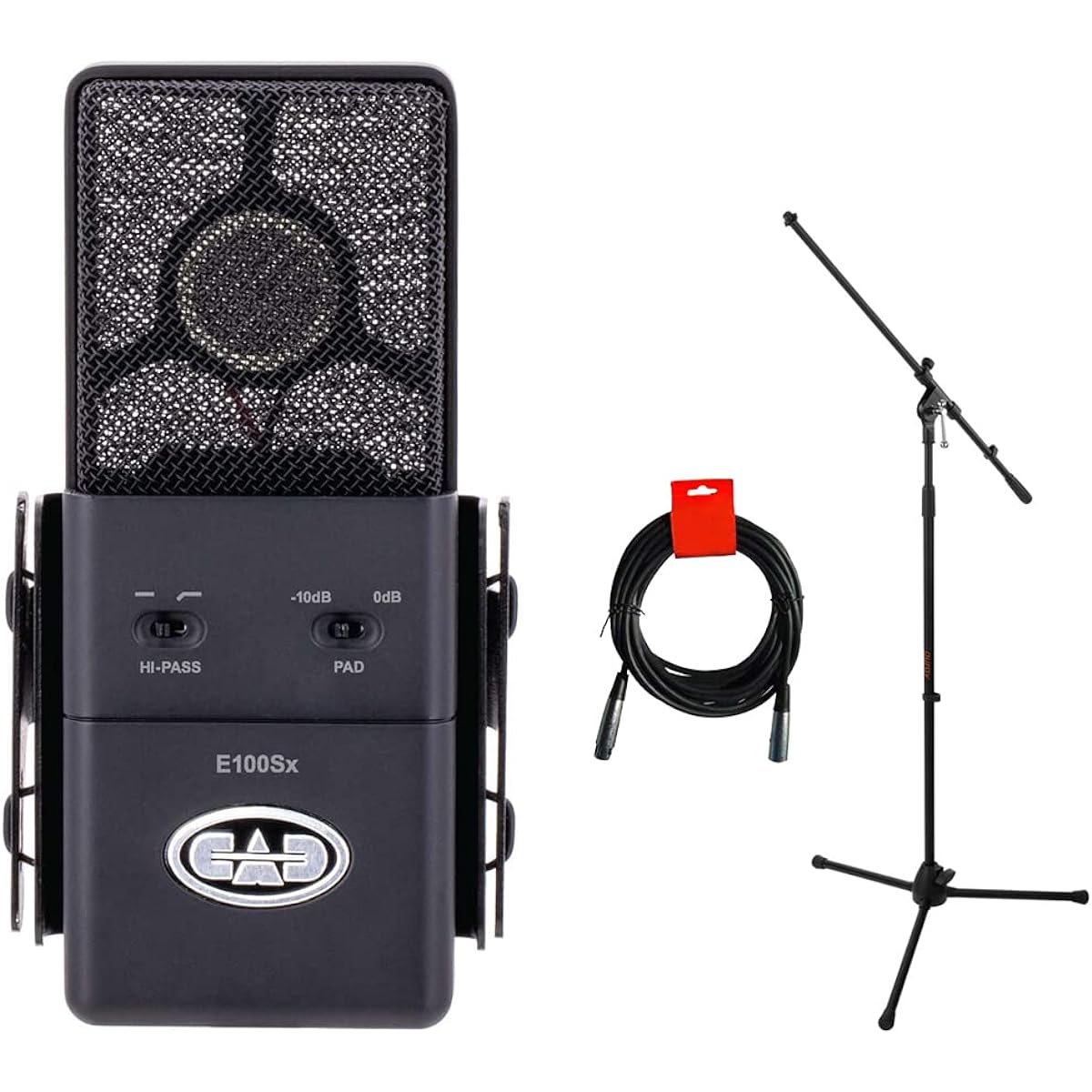 CAD Audio E100Sx Large Diaphragm Supercardioid Condenser Microphone Set with Auray MS-5230F Tripod Mic Stand and 20" XLR-XLR Cable