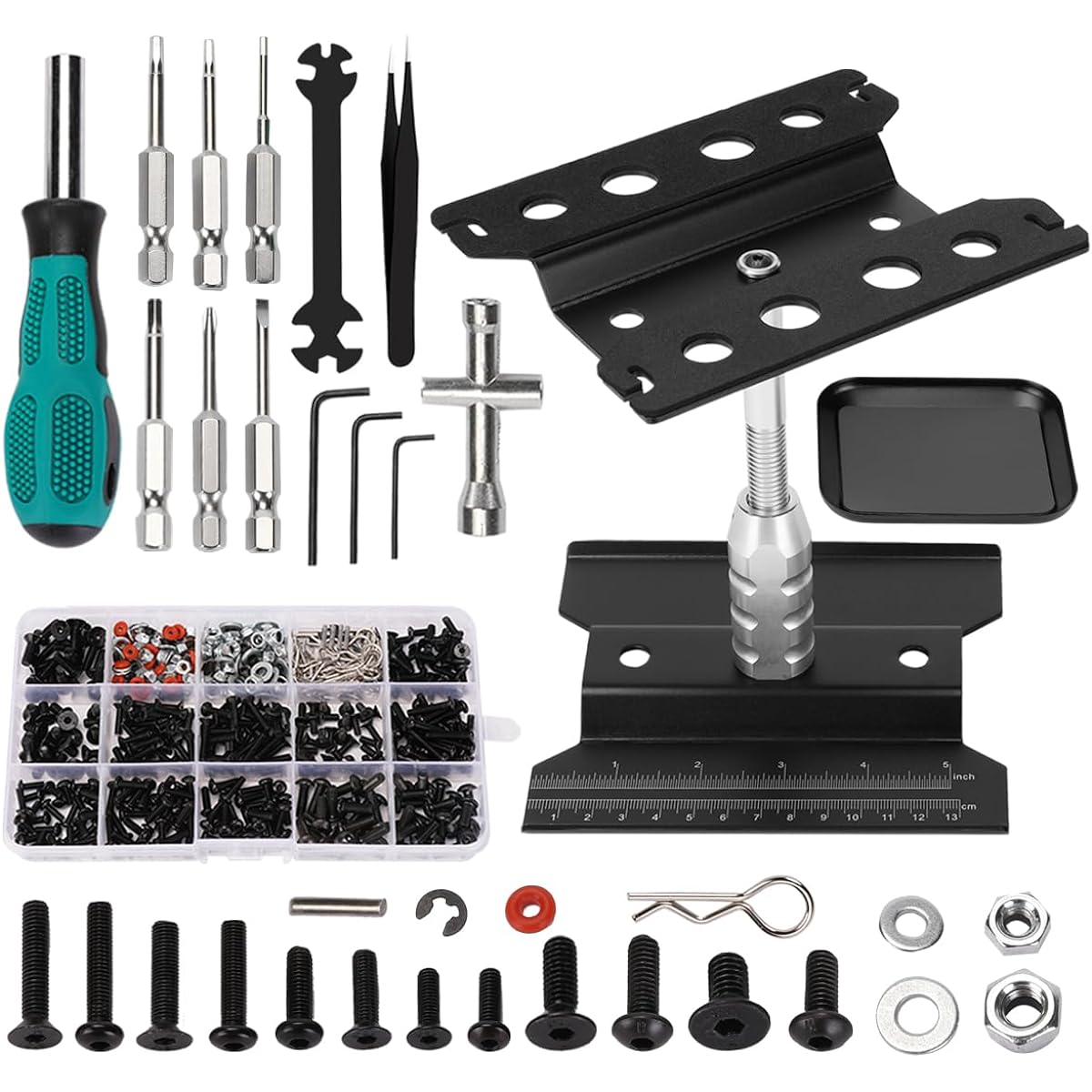 RC Car Repair Work Stand 532 Pieces RC Repair Tools Screw Set Kit 360 Degree Rotation RC Repair Station Screwdriver Screw Pallet Kit 1/8 1/10 1/12 1/16 1/18 RC Crawler Truck Buggy Tool Set