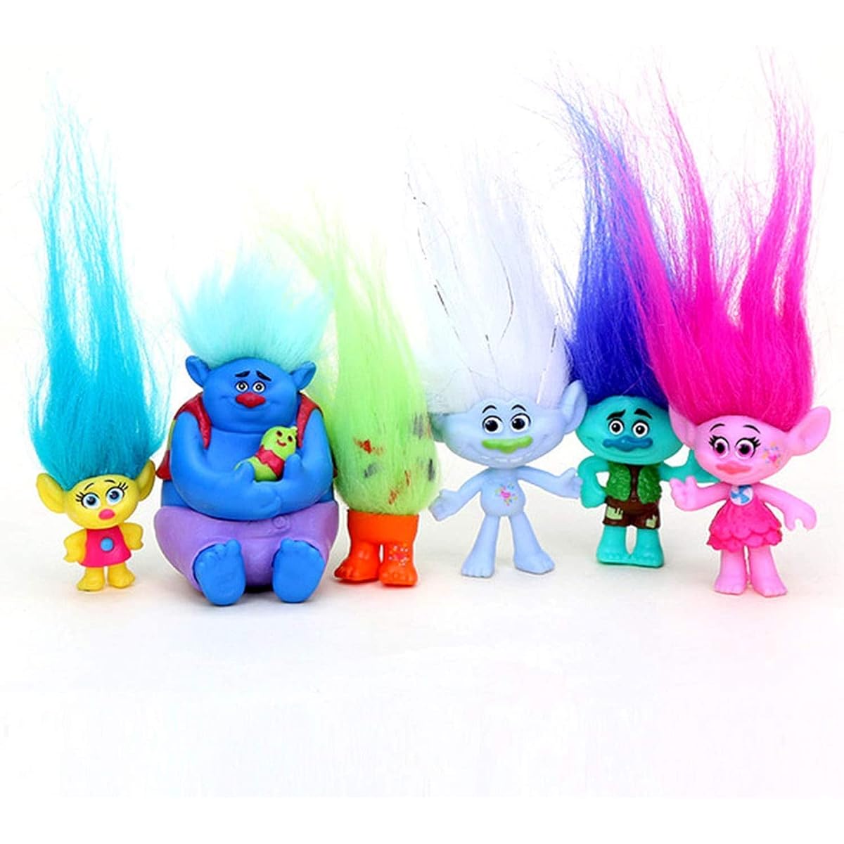 Vndaxau Poppy Troll Doll with Hair, Set of 6 Trolls Toys Party Supplies Kids Action Figures with Branches and Poppy, Guy Diamond, Biggie, Smidge, Fuzzbert