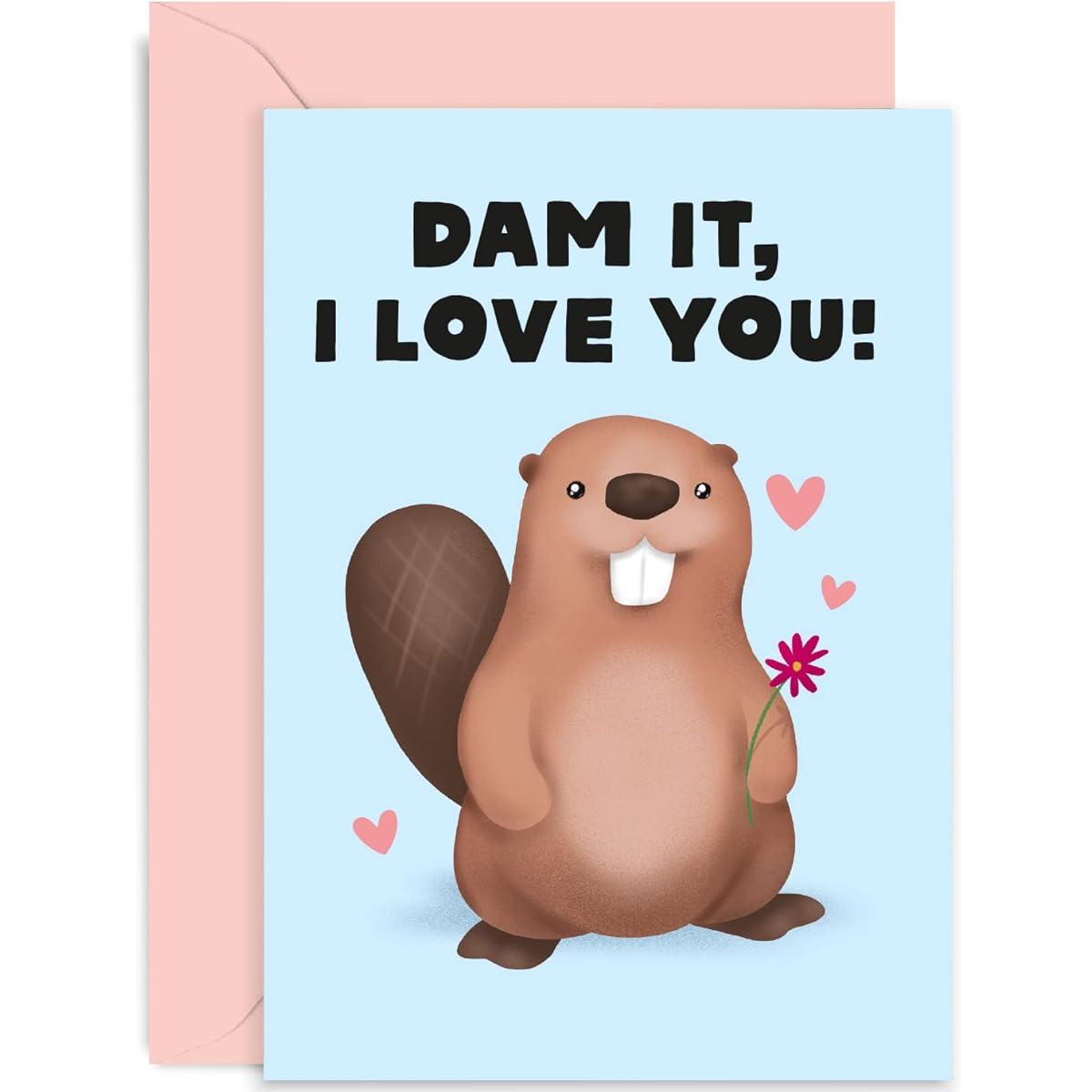 Old English Co. Dam It I Love You Card - Cute Beaver Anniversary Card for Wife or Husband - Funny Valentine Card for Boyfriend or Girlfriend | Blank with Envelope
