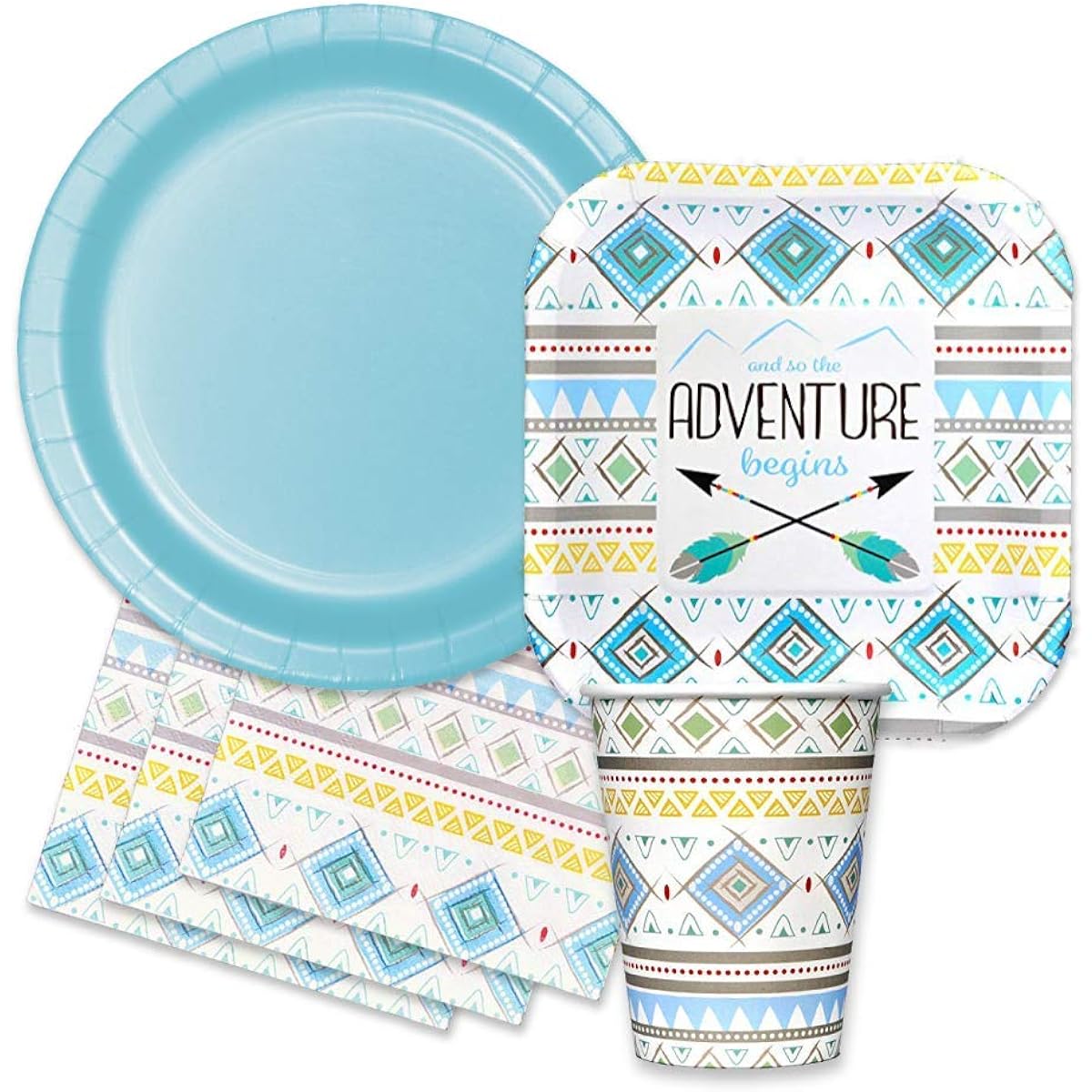 Tribal Feather Baby Boy Shower Party Supplies Kit - The Adventure Begins Theme Paper Plates Napkins Cups