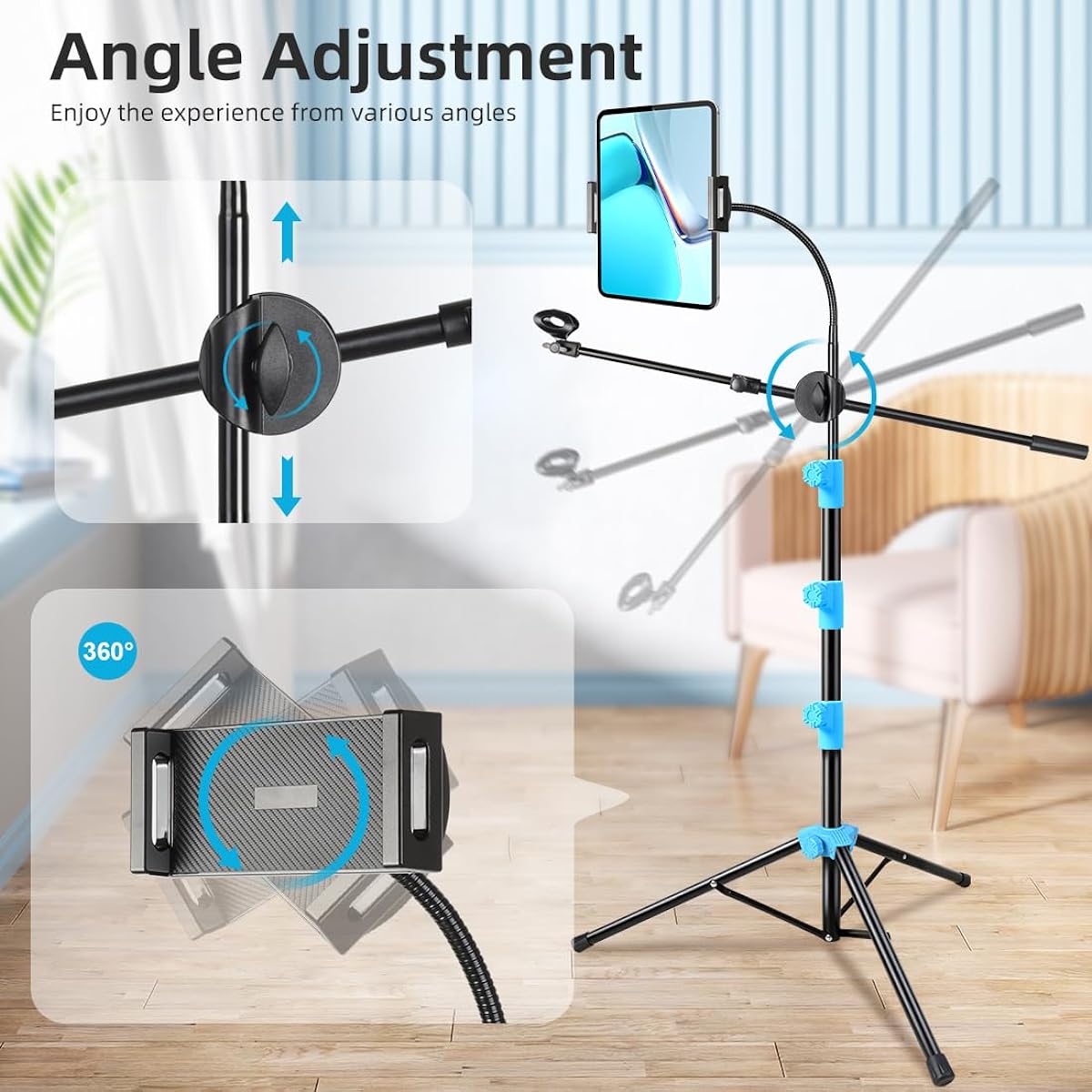 PPH-Sisy Microphone Stand Floor 6-in-1 Boom Mic Stand Tripod Adjustable 35-66 Inch Portable Gooseneck Microphone Stand with Boom Microphone Clip Tablet Cell Phone Holder Carry Bag