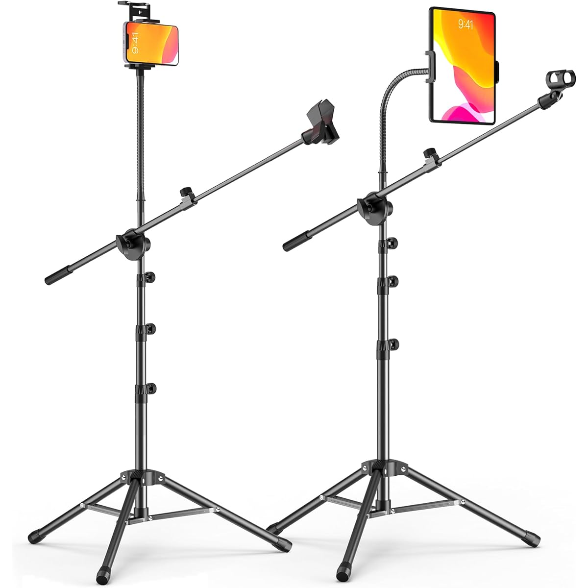 Microphone Stand with iPad Clip, Floor Folding Microphone Stand with Phone Clip, Heavy Duty Tripod Boom Arm with 2 Microphone Clips, Carry Bag for Singing Karaoke Stage.