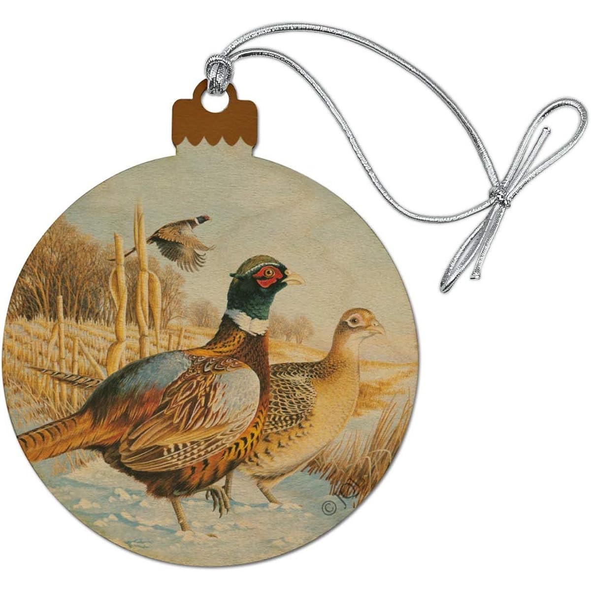 Snowy Farm Pheasant Wood Christmas Tree Holiday Ornament