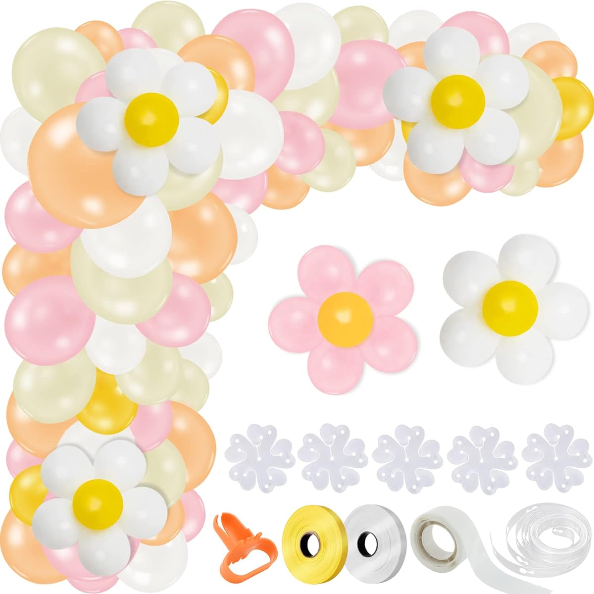 MIKIMIQI 128 Pieces Daisy Groovy Balloon Arch Garland Kit Macaron Pink White Yellow Orange Boho Balloon Garland Boho Party Balloon Garland Groovy Birthday Party Favors Baby Shower Wedding Decor