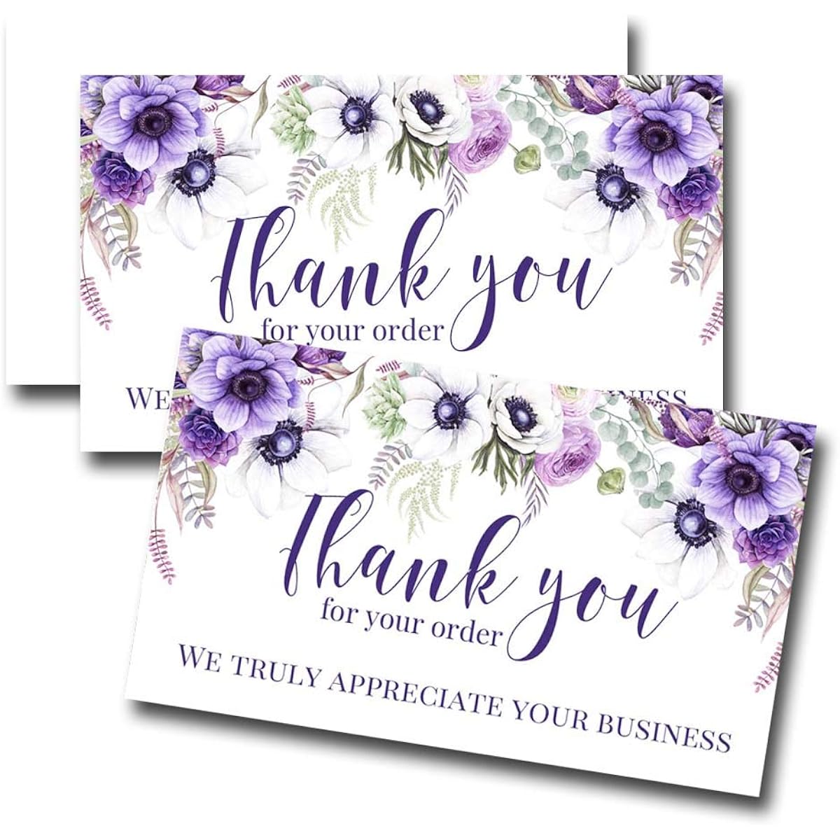 AmandaCreation Purple Floral Thank You Card Inserts for Small Businesses, 2" x 3.5" Single Sided Insert Cards, 100 Count