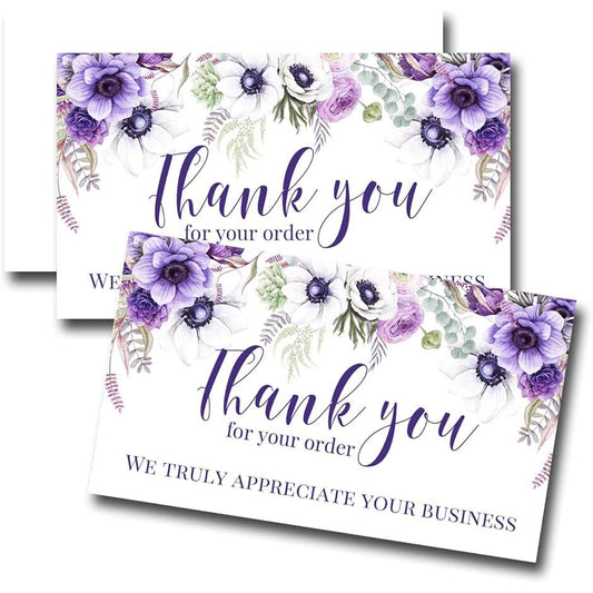 AmandaCreation Purple Floral Thank You Card Inserts for Small Businesses, 2" x 3.5" Single Sided Insert Cards, 100 Count