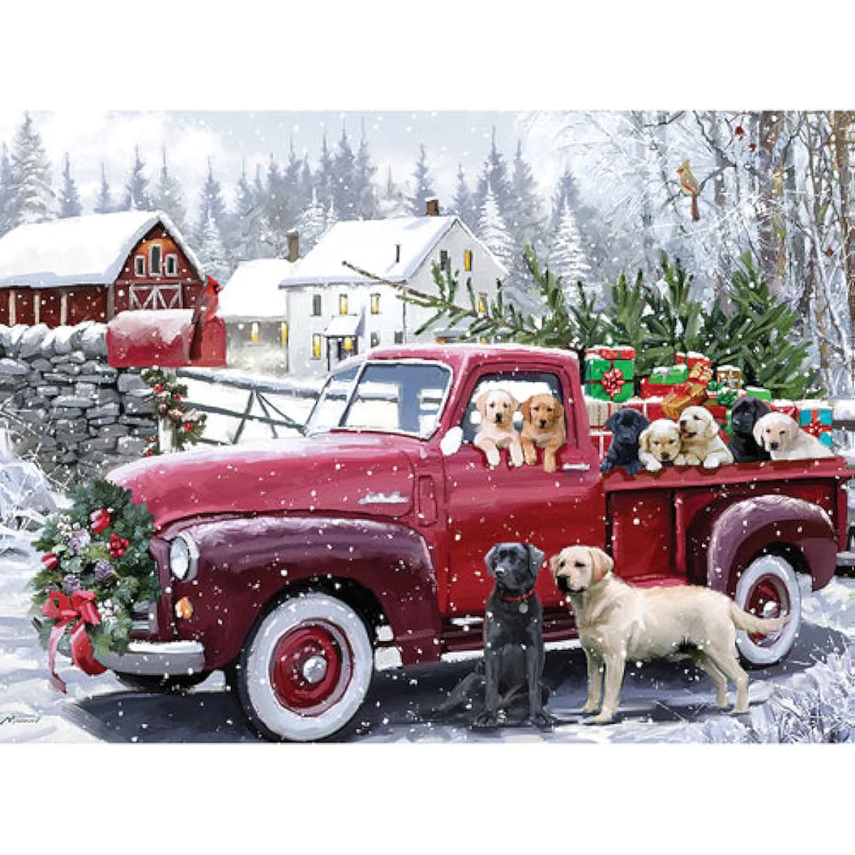 Bits and Pieces - 300 Piece Jigsaw Puzzle for Adults 18" x 24" - Christmas Delivery - 300 Piece Dog Truck Puppy Snow Winter Holiday Farm Barn Forest Present Gift Tree Jigsaw Artist: Macneil Studio